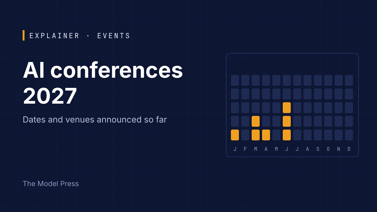 Illustration: a twelve-month grid with highlighted blocks in January, March, April and June beside the title "AI conferences 2027"