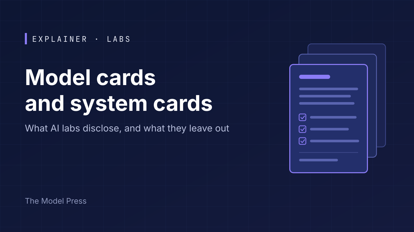 Illustration: stacked document cards with checklist lines beside the title "Model cards and system cards"