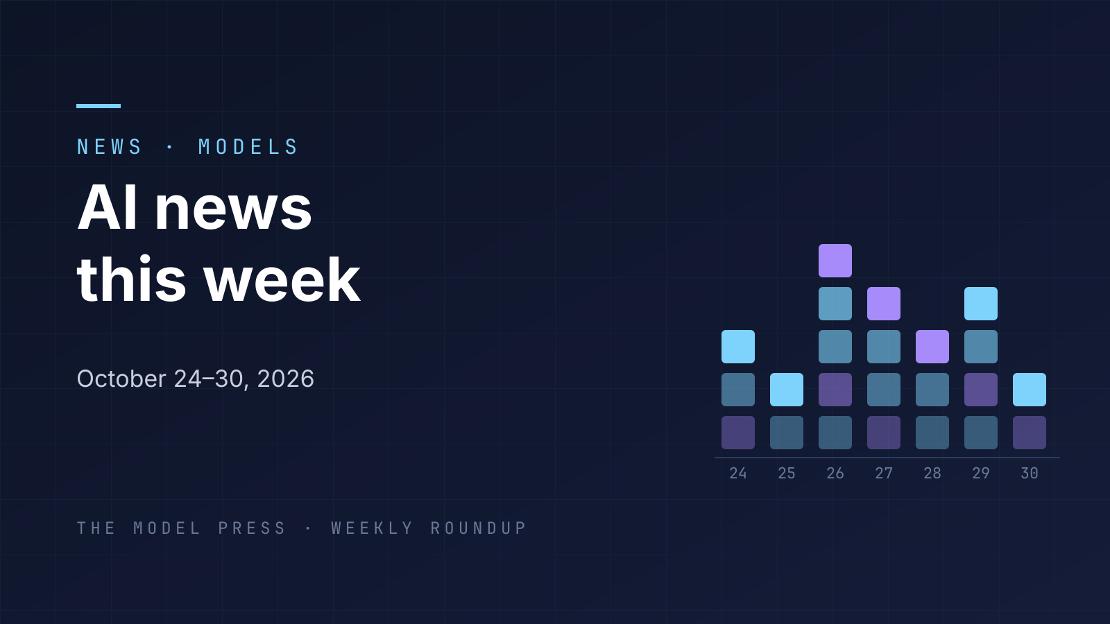 Dark navy cover reading "AI news this week, October 24–30, 2026", with an abstract column chart of blue and violet tiles for each day from the 24th to the 30th.