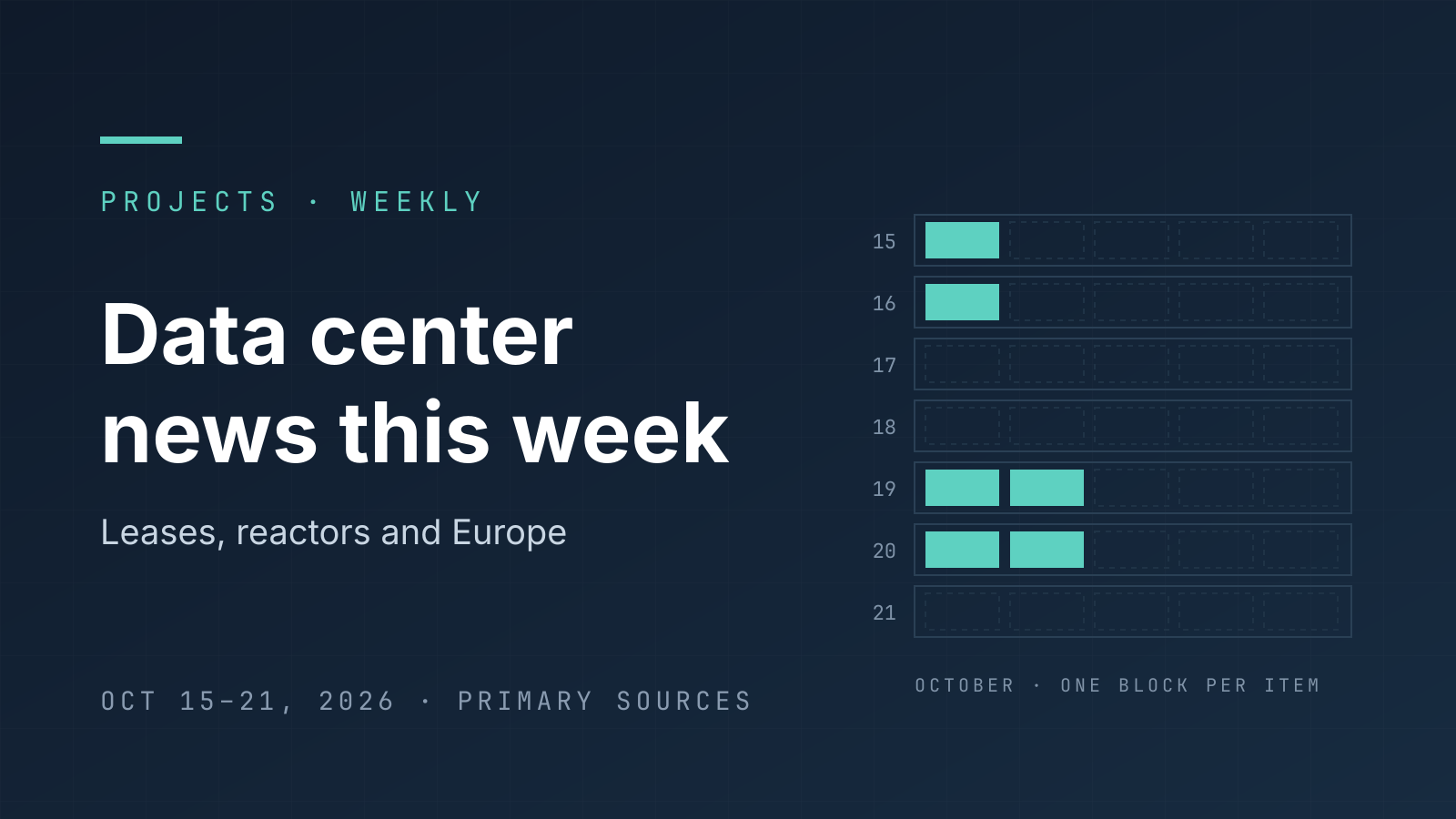 Typographic cover reading "Data center news this week, Oct 15–21, 2026" with a grid of day rows marking one block per announcement