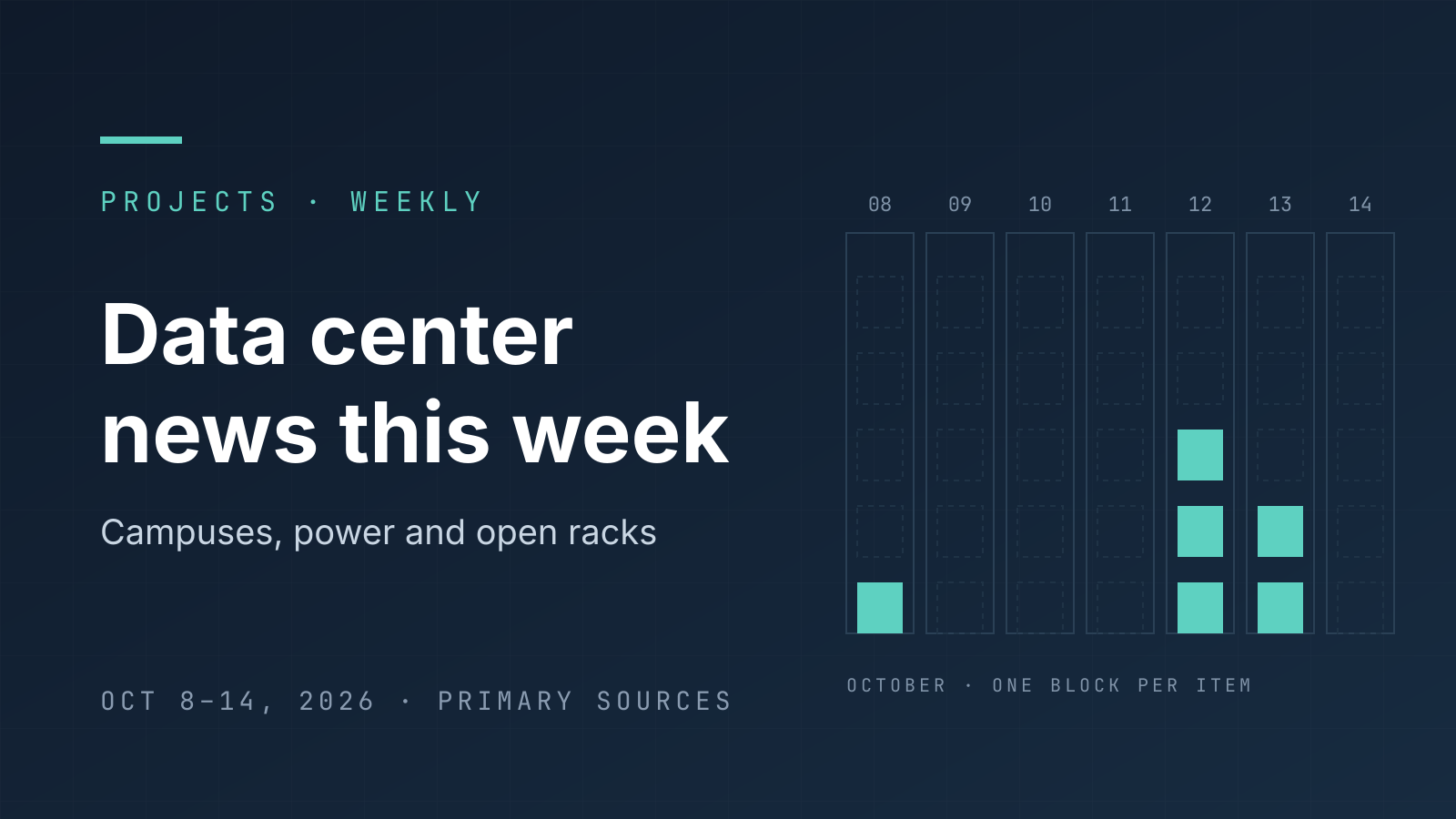 Navy cover reading "Data center news this week", Oct 8–14, 2026, beside seven day columns with teal blocks on October 8, 12 and 13