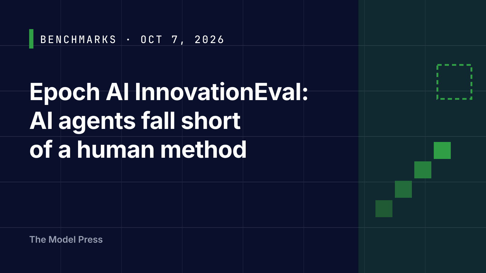 Typographic cover reading "Epoch AI InnovationEval: AI agents fall short of a human method" with an abstract staircase of green squares stopping below a dashed target square