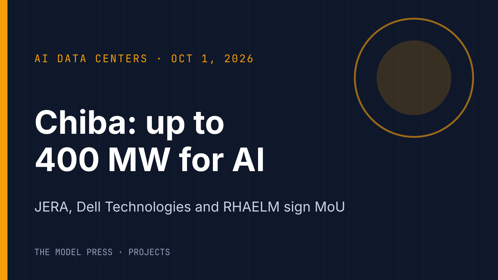 Typographic cover: "Chiba: up to 400 MW for AI" — JERA, Dell Technologies and RHAELM sign MoU, October 1, 2026