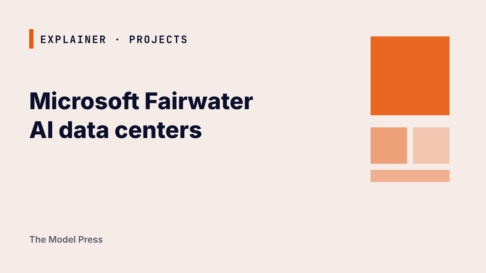 Typographic cover: "Microsoft Fairwater AI data centers" with an Explainer · Projects label, beside a block of orange and peach rectangles on a light background.