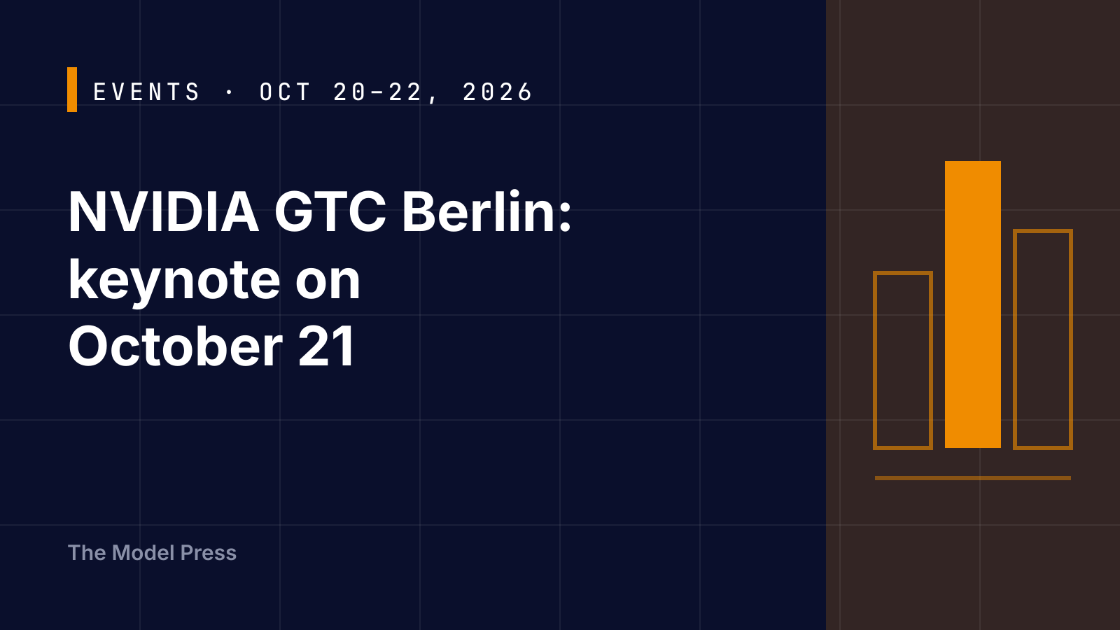 Typographic cover reading "NVIDIA GTC Berlin: keynote on October 21" with three abstract orange columns for the three event days, the middle one solid