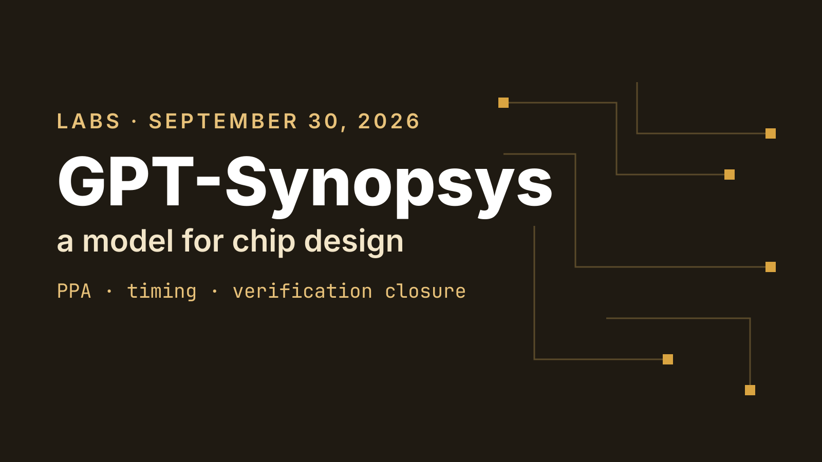 Typographic cover reading "GPT-Synopsys, a model for chip design" on a dark amber background with abstract circuit-style lines