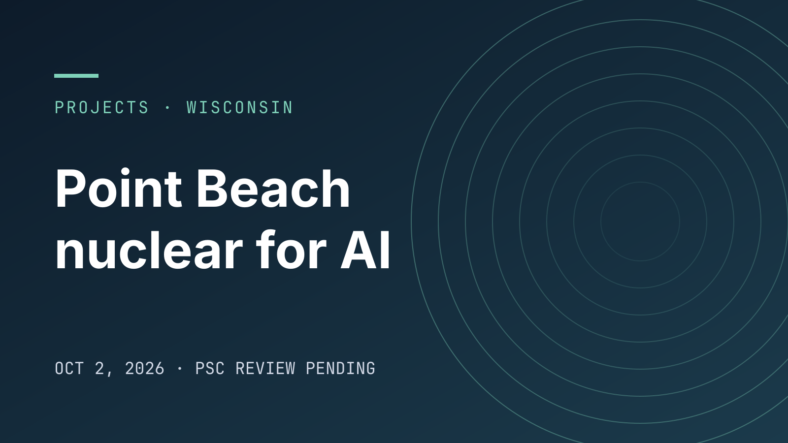 Typographic cover reading "Point Beach nuclear for AI" with concentric rings on a dark blue background