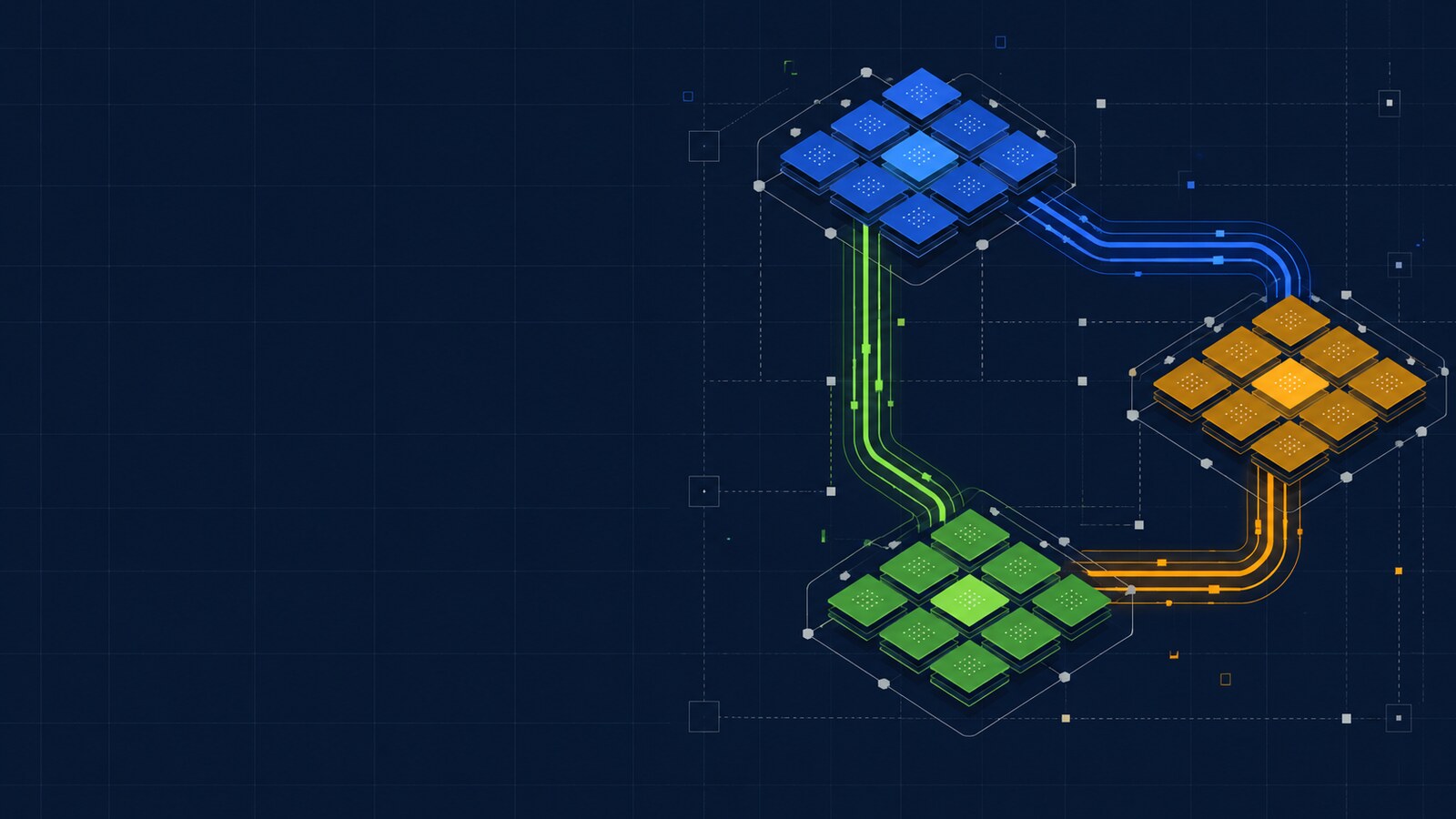 Abstract network fabric linking three clusters of AI accelerators with blue, green and amber data lanes