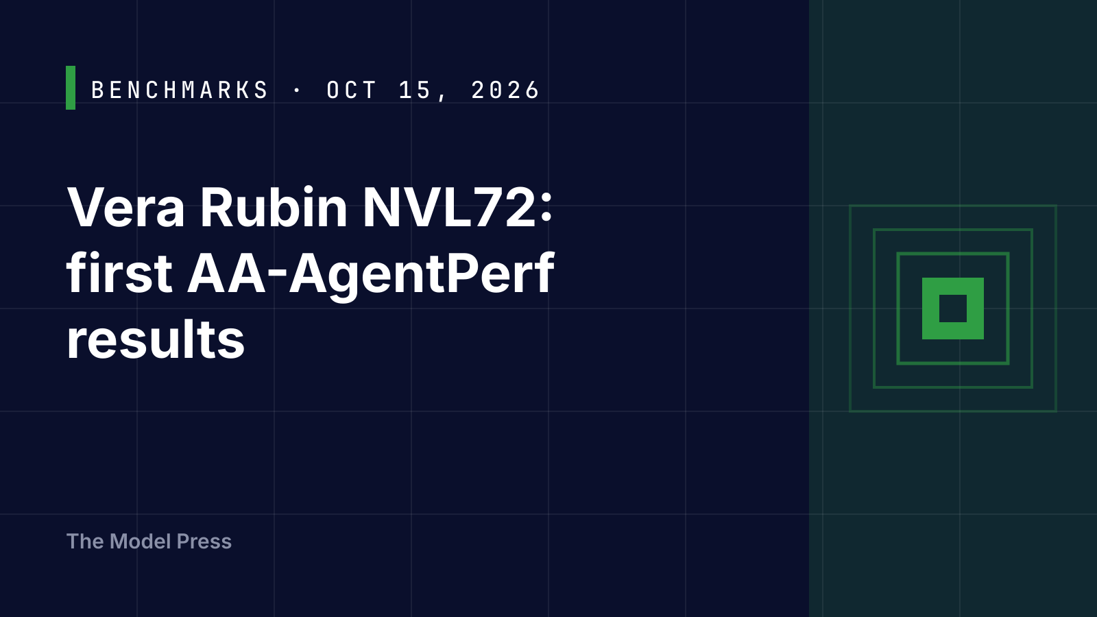 Typographic cover reading "Vera Rubin NVL72: first AA-AgentPerf results" with abstract green concentric squares around a solid core