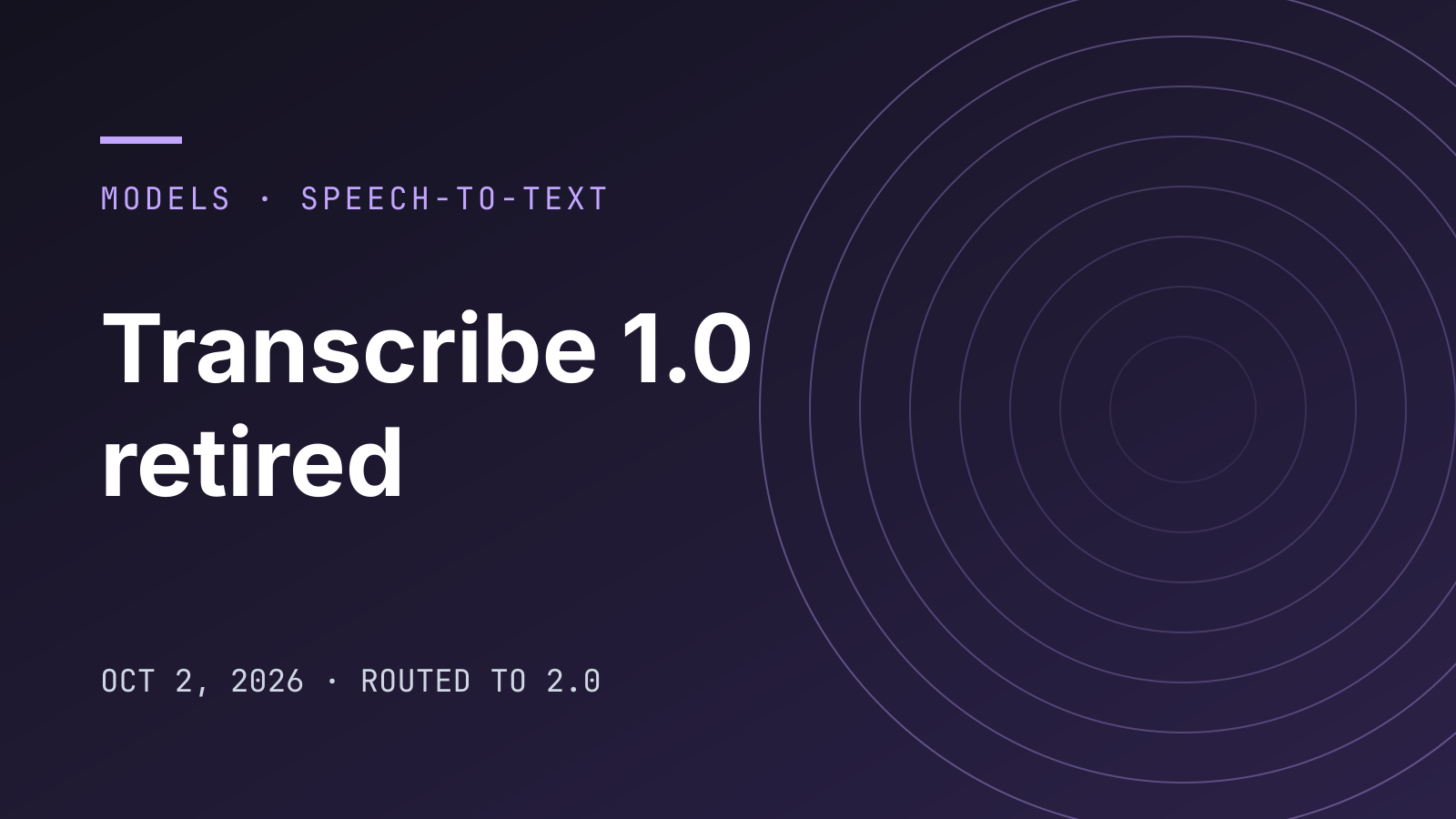 Typographic cover reading "Transcribe 1.0 retired" with concentric rings on a dark violet background